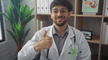 Sakallı yakışıklı genç bir adam klinikte başparmak kaldırıyor.