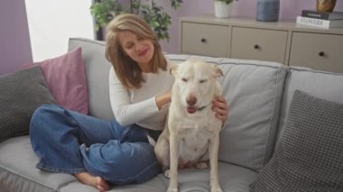 Gülümseyen kadın rahat bir oturma odasında köpeğine sarılıyor..