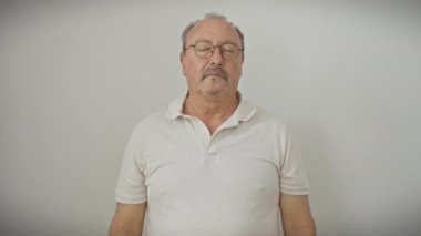 Orta yaşlı bir adam migren ağrısı çekiyor, eli strese girmiş, gözlük takıyor, beyaz arka planda izole edilmiş.