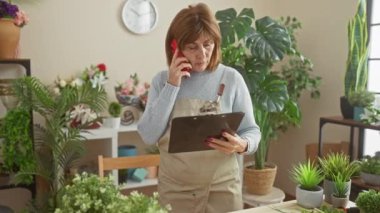 Çiçekçide pano tutarken telefon kullanan orta yaşlı bir kadın.