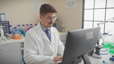 Laboratuvar önlüğü giymiş odaklanmış bir adam modern bir laboratuvarda bilimsel ekipmanlarla bilgisayar kullanıyor..