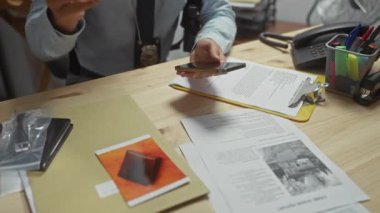 Dedektif suç araştırma bürosundaki delilleri inceliyor. Akıllı telefon, belgeler ve poşetlenmiş eşyalar da dahil..