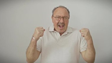 Neşeli orta yaşlı adam zaferini kutluyor! Ayakta, kollarını kaldırmış, gözlük takmış beyaz izole bir arka plan, mutlu yüzü saf bir başarı..