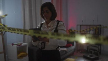 İspanyol kadın dedektif, olay yerindeki kanıtları tabletle analiz ediyor.
