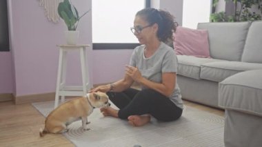 Orta yaşlı kadın Chihuahua 'sının yanında meditasyon yapıyor. Modern dekorlu rahat bir oturma odasında..