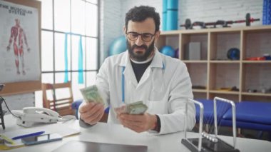 Beyaz önlüklü, orta yaşlı sakallı bir adam bir klinikte para sayıyor.