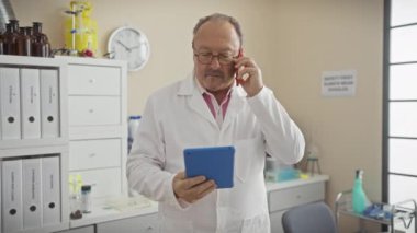 Beyaz laboratuvar önlüklü, bıyıklı, olgun, kel bir adam laboratuvar ortamında elinde mavi bir tabletle kırmızı bir telefonla konuşuyor..