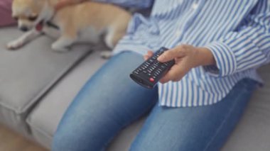Orta yaşlı, çizgili tişörtlü bir kadın elinde uzaktan kumandayla koltukta chihuahua okşuyor.