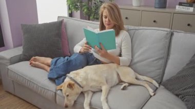 Rahat bir kadın evinde köpeği ile kanepede kitap okuyor, rahat bir yaşam alanı tasvir ediyor..