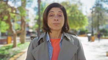 Orta yaşlı İspanyol bir kadın, bulanık şehir parkı manzarasıyla çevrili, nötr bir ifadeyle dışarıda duruyor..