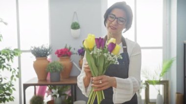 Gülümseyen kadın çiçekçide lale düzenliyor.