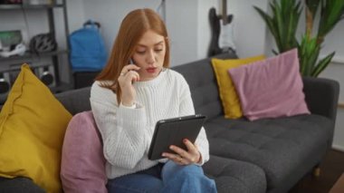 Kafkas kökenli genç bir kadın, kapalı bir oturma odasında tablet ve telefon konuşmalarıyla birden fazla iş yapıyor..