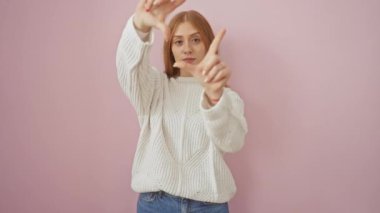 Süveter giyen kızıl saçlı güzellik, elleri pembe izole edilmiş arka plan üzerinde fotoğraf çerçevesi, mutluluk ve fotoğraf yaratıcılığının somutlaştırıcı görüntüsü