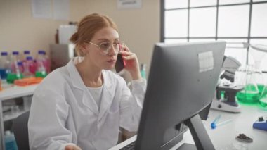 Odaklanmış kızıl saçlı bilim kadını laboratuvarda bilgisayar ve telefon kullanarak birden fazla iş yapıyor.