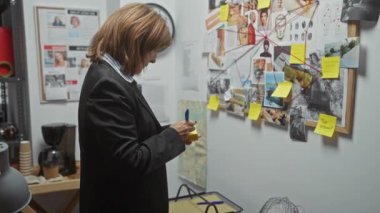 Dedektiflik bürosundaki mantar panosundaki kanıtları analiz eden orta yaşlı bir kadın..