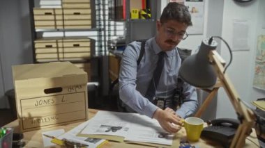 İspanyol dedektif kahve içiyor ve karışık bir karakolda kanıtları analiz ediyor..