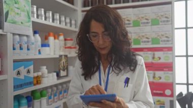 Laboratuvar önlüklü olgun bir kadın eczane içinde tablet kullanıyor.