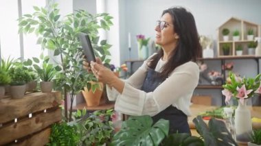 İspanyol kadın kapalı bir çiçekçide bitkilerin fotoğrafını çekmek için tablet kullanıyor.