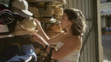 Genç İspanyol kadın güneşli bir günde Gelibolu, Puglia, İtalya sokaklarında şapka alışverişi yapıyor..