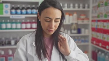 Organize eczanede duran İspanyol kadın eczacı..