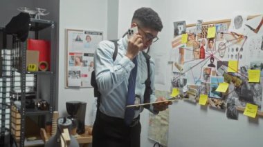 Genç bir adam polis soruşturma odasında kanıtları incelerken telefonla konuşuyor..