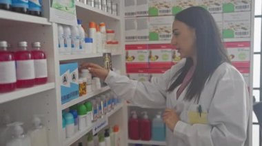 Bir kadın eczacı eczanede tıbbı inceliyor..