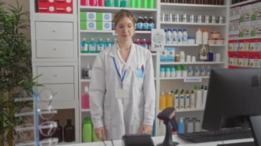 Profesyonel bir kadın eczacı, ilaç ve sağlık ürünleriyle çevrili temiz ve düzenli bir eczanede duruyor..