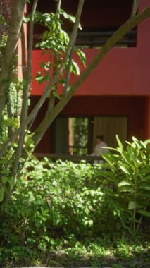 Huzurlu bir kadın bali tatil köyü terasında, sükuneti ve lüksü kapsayan bir içecekten hoşlanır..