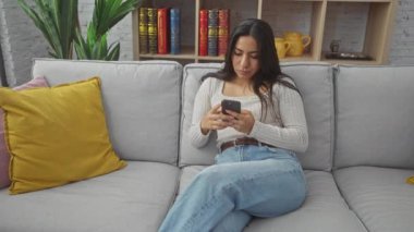 İki kadın arkadaş, modern bir oturma odasında rahat bir anın tadını çıkarıyorlar. Biri akıllı telefonuna bakıyor, diğeri de elinde kahve fincanları ve sohbet ediyor..
