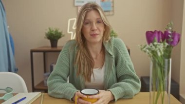 Sıcak bir odada gülümseyen bir kadın elinde çiçekli ve modern dekorlu sarı bir kupayla sıradan bir ev hayatı tasvir ediyor..