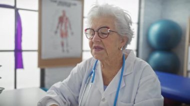 Klinikte steteskoplu gülümseyen yaşlı kadın doktor..