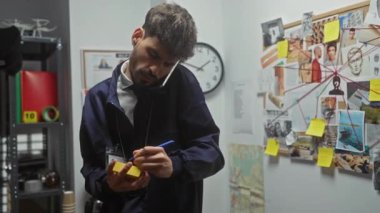Dedektifin ofisinde sakallı genç bir İspanyol, etrafı bir soruşturma kuruluyla çevrili notlar yazıyor..