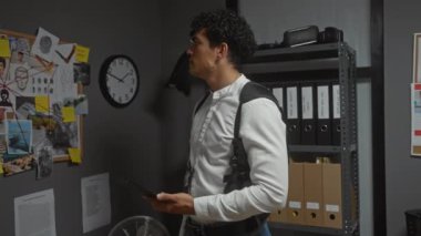 Bir dedektifin ofisinde delilleri analiz eden İspanyol bir adam. Etrafı dosyalar ve soruşturma kuruluyla çevrili..