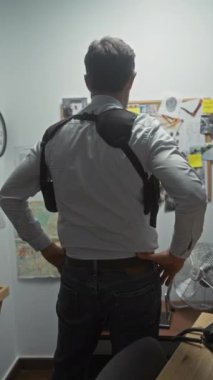 Günlük ofis kıyafetleri içindeki bir adam dağınık bir soruşturma kurulundaki kanıtları inceler, tefekkür ve analiz eder..