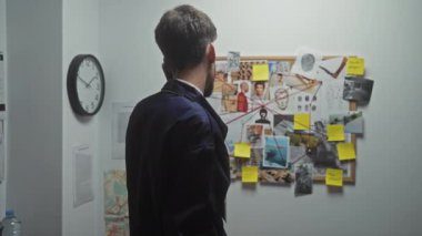 İspanyol bir adam, bir dedektifin ofisindeki mantar panoyu inceliyor ve bir suç soruşturması öneriyor..