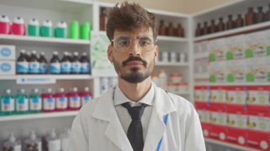 Gözlüklü ve sakallı kendinden emin bir erkek eczacı bir eczanede duruyor ve 