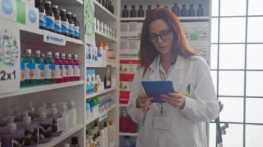 Laboratuvar önlüklü kızıl saçlı eczacı modern eczanedeki envanteri tabletle kontrol ediyor.