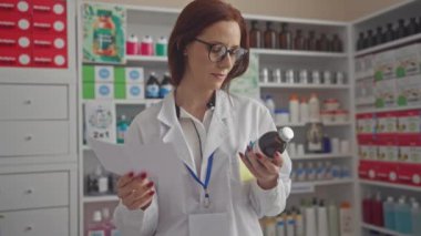 Odaklanmış bir kadın eczacı modern bir eczanede evrak tutarken ilaç şişesini inceliyor..