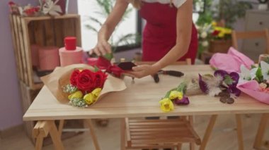 Çiçekçide bir kadın bir buket gül hazırlar ve fotoğraf çekmek için akıllı telefon kullanır. Çiçekçilik yeteneklerini ve ev sanatlarına olan bağlılığını gösterir..