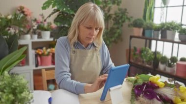 Bitkiler ve buketlerle çevrili bir çiçekçide tablet kullanan olgun bir kadın.