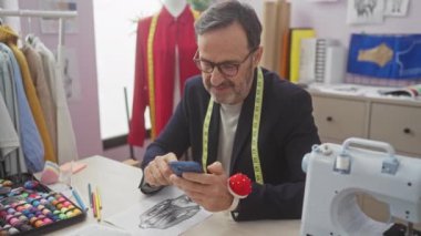 Neşeli bir terzi telefonunu kumaşlar, dikiş makinesi ve mankenlerle çevrili renkli bir atölyede inceliyor..