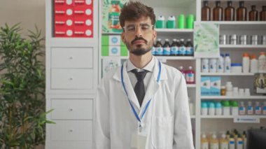 Laboratuvar önlüğü giymiş genç sakallı bir adam kollarını dolu modern bir eczanede kavuşturuyor..