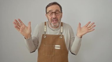 Hüsrana uğramış, orta yaşlı önlüklü bir adam öfkesini serbest bırakıyor, elleri ağıza dolanmış bağırıyor. Beyaz izole edilmiş arka planda duruyor, öfkesiyle bağırışlarının şiddetini arttırıyor..