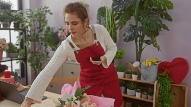 Beyaz bir kadın kapalı bir çiçekçide yemyeşil renkli akıllı telefon kullanıyor.