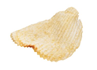 Close-up of a single potato chip isolated on a white background, depicting detailed texture and golden color. clipart