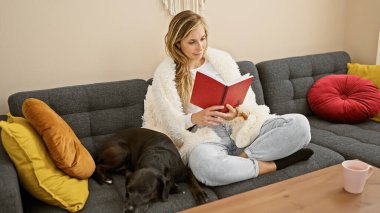 Rahat bir kadın kanepede kitap okuyor labradoru yanında, rahat bir oturma odasında..