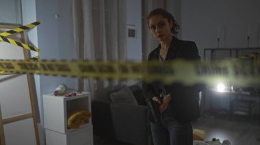 Kafkas kökenli, silahlı bir kadın dedektif olay yerini içeride inceliyor.