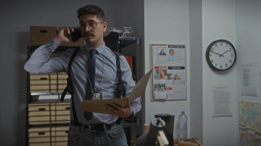 Ofiste genç bir İspanyol dedektif, elinde bir dosya, elinde bir rozet ve saatle telefonla konuşuyor..