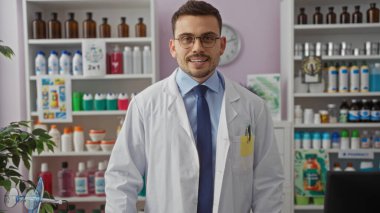 Eczanede ya da eczanede laboratuvar önlüğü giyen sakallı yakışıklı bir İspanyol..