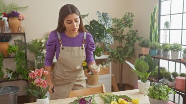 Genç bir İspanyol kadın, çeşitli yeşil bitkiler ve canlı çiçeklerle çevrili bir çiçekçide özenle çalışıyor. Kapalı alanda güzelliği ve doğayı somutlaştırıyor..